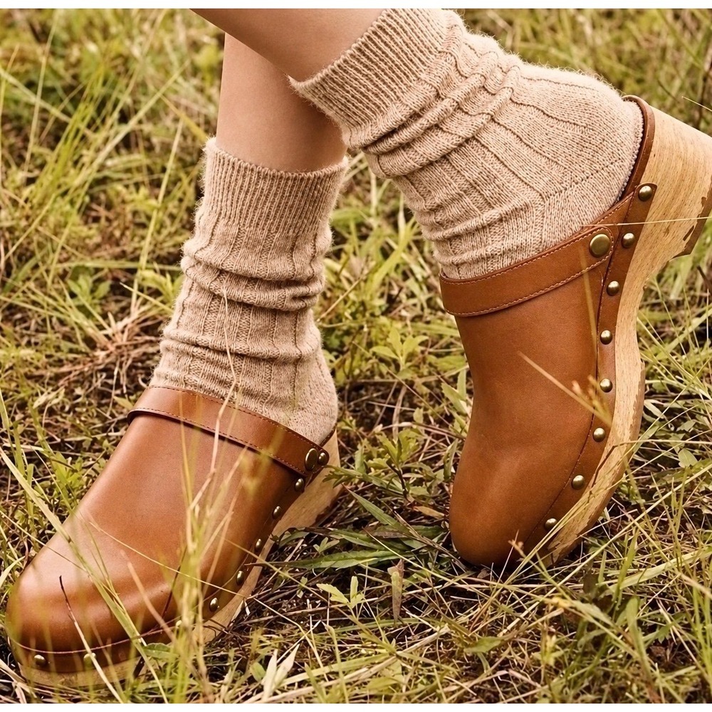 Free People Callum Clog EU 39 Honey Leather Wood Heel Boho Studded Mules